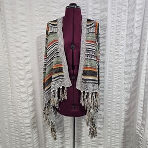 Poof! Striped Fringe Knit Cardigan Multicolor Aztec Western Cotton Blend Womens